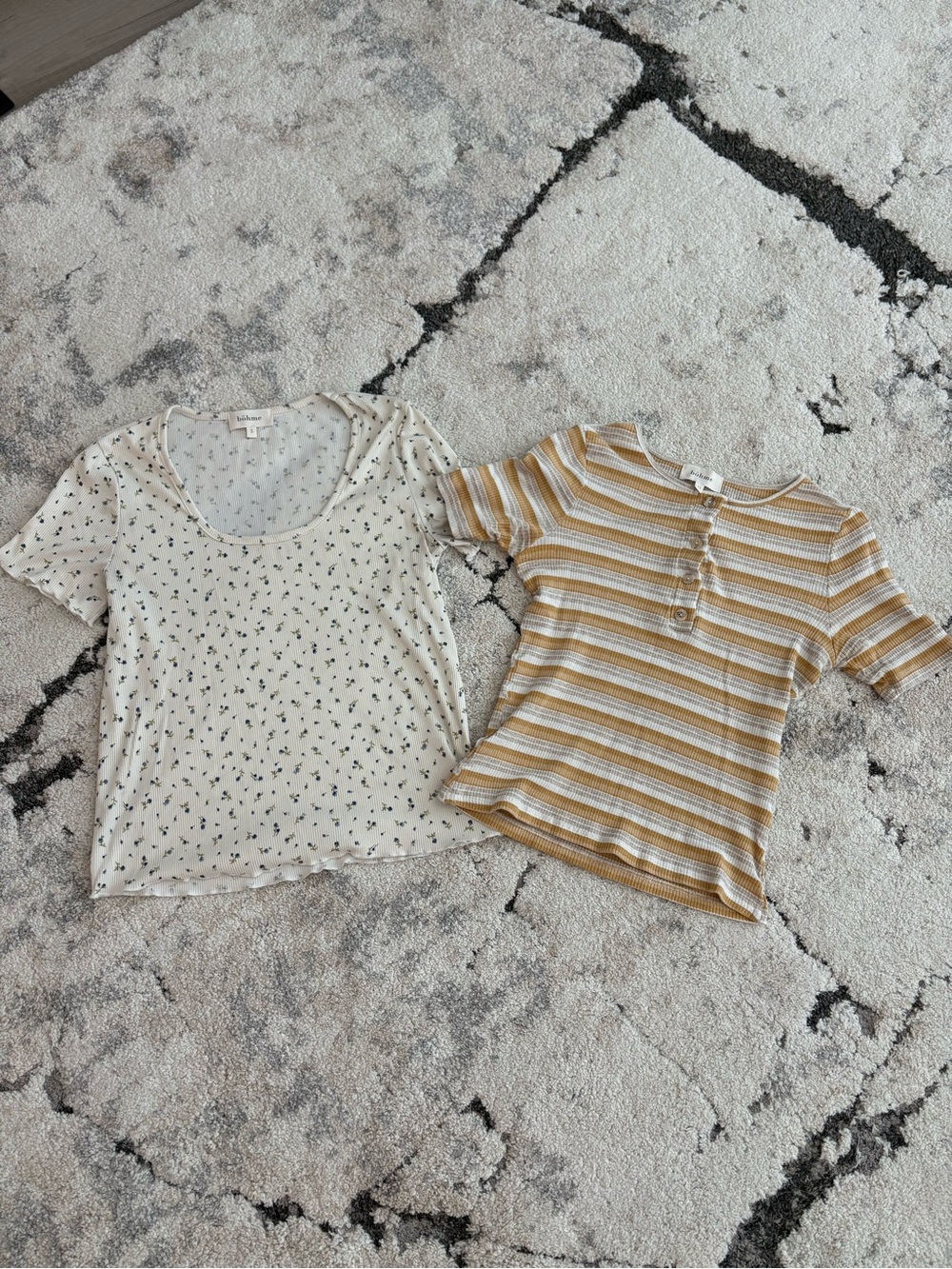 Striped Mustard & White Henley Tee and Cream Floral Tee - Women’s S & XS